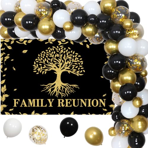 Funmemoir Familientreffen Dekorationen Schwarz und Gold Ballon Girlande Bogen Kit mit Hintergrund Stammbaum Mitglieder Versammlung Party Dekorationen für Willkommen zu unserer Familientreffen Party von Funmemoir