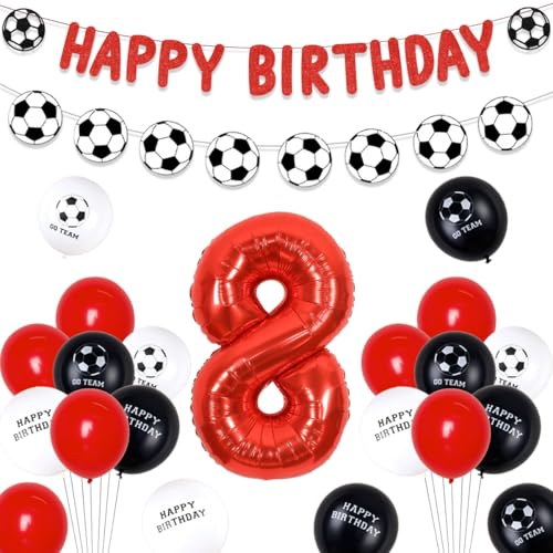 Funmemoir Fußball 8 Geburtstag Dekorationen Rot - Fußball Happy Birthday Banner Rot, Fußball Girlande, 8 Folienzahlen Ballon, Fußball Doppelseitiger Druck Luftballons, Fußball Fans Geburtstag Dekor von Funmemoir