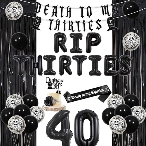 Funmemoir Gothic 40th Birthday Decorations for Women, Death to My 30s Birthday Decorations Banner Sash Rip Thirties Banner Foil Balloons Cake Topper Fringe Curtain for RIP To My 30s 40th Goth Birthday von Funmemoir