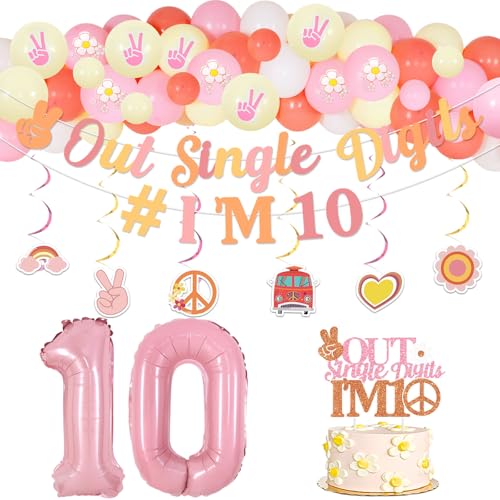 Funmemoir Groovy 10th Birthday Party Decoration Girl, Out Single Digits I'm ten Party Decorations Boho Balloons Arch Kit Banner Hanging Swirls Cake Topper Foil Balloon for Girls 10th Birthday von Funmemoir