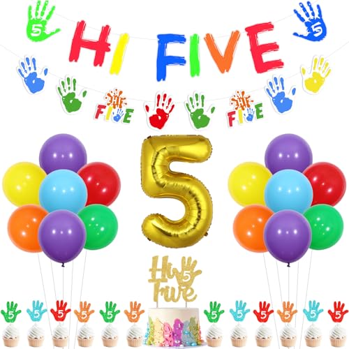 Funmemoir Hi Five Geburtstag Party Dekorationen, 5 Geburtstag Dekorationen für Jungen Mädchen, Hi Five Geburtstag Banner Girlande Kuchen Cupcake Toppers Nummer 5 Folienballon für 5 Jahre Alt von Funmemoir