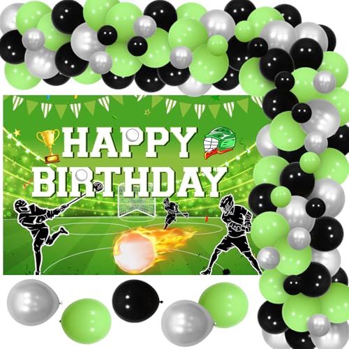 Funmemoir Lacrosse Geburtstag Party Dekorationen Jungen, Lacrosse Geburtstag Party Hintergrund Banner Grün Schwarz Silber Ballonbogen Kit, Lacrosse Fotohintergrund für Sport Mottoparty 1 Jahr alt von Funmemoir