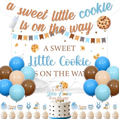 Funmemoir Milk and Cookies Babyparty-Dekorationen, A Sweet Little Cookie Is On The Way Backdrop, Banner, Cake Topper, Cupcake Topper, Luftballons für Milch und Kekse, Frühstück, Keks, Babyparty von Funmemoir