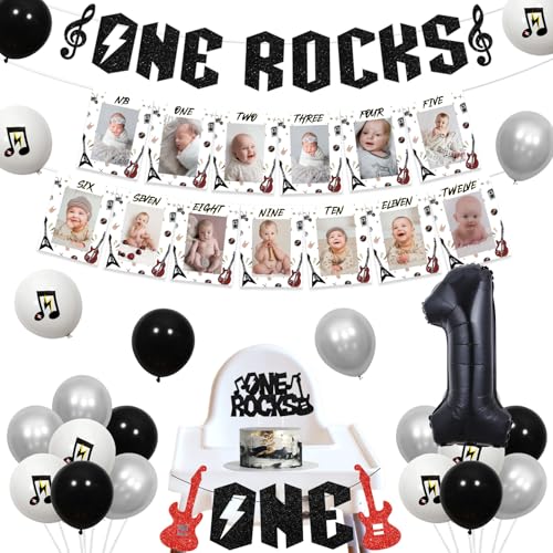 Funmemoir One Rocks 1st Birthday Decorations Rock and Roll Glitter Banner Cake Topper Highchair Banner Monthly Photo Banner Balloons Black and White Music 1st Birthday Party Supplies von Funmemoir