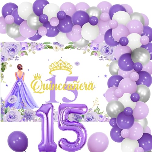 Funmemoir Quinceanera Geburtstag Dekorationen, Lila 15 Geburtstag Party Dekoration Ballon Girlande Kit mit Quinceanera Hintergrund Banner 15 Folienballons für Mädchen Süße 15 Geburtstag Party von Funmemoir