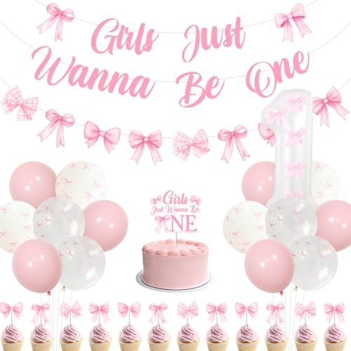 Funmemoir Rosa Schleife 1. Geburtstag Party Dekorationen Mädchen Just Wanna Be One Banner Rosa Schleife Girlande Rosa Schleife Geburtstag Kuchen und Cupcake Topper für Mädchen Rosa Schleife Thema von Funmemoir