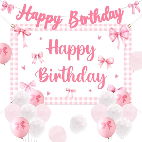 Funmemoir Rosa Schleife Happy Birthday Dekorationen Schleife Happy Birthday Hintergrund Banner Rosa und Weiß Schleife Ballons für Mädchen Frauen Kokette Geburtstag Dekorationen von Funmemoir