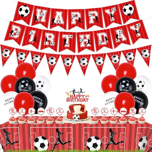 Funmemoir Rot und Weiß Fußball Geburtstag Dekorationen Rot Fußball Happy Birthday Banner Dreieck Flagge Banner Cupcake Kuchen Toppers Tischdecke für Jungen Fußball Fans Fußball Thema Geburtstag von Funmemoir