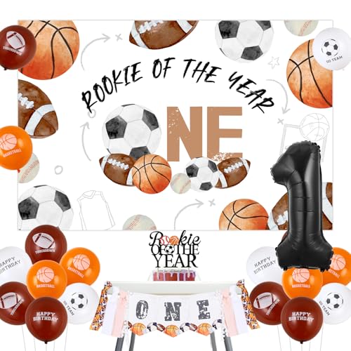 Funmemoir Sport 1. Geburtstag Party Dekorationen - Rookie of the Year Hintergrund Sport Themed Hochstuhl Banner Cake Topper Folienballon für Jungen Rookie Year First Birthday Dekorationen von Funmemoir