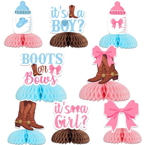 Funmemoir Stiefel oder Schleifen, Geschlechtsoffenbarungsdekorationen, 8 Stück, Gender Reveal Honeycomb Mittelstücke, Western Cowboy oder Cowgirl, Geschlechtsoffenbarung, He or She Geschlecht Reveal von Funmemoir