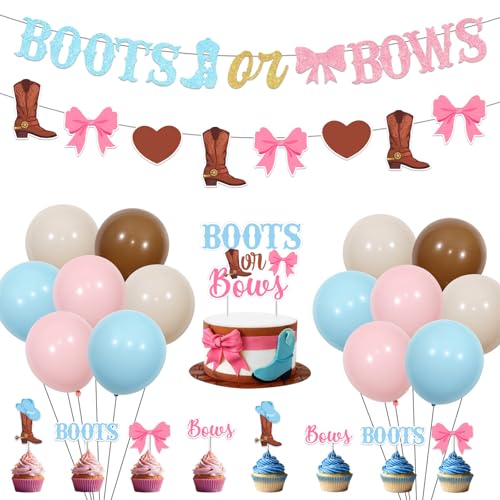 Funmemoir Stiefel oder Schleifen Gender Reveal Dekorationen - Banner, Girlande, Kuchen und Cupcake Topper, Luftballons, Western Cowboy oder Cowgirl Gender Reveal Decor für Sie oder Ihn Baby Shower von Funmemoir