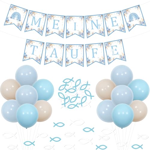 Funmemoir Taufe Deko Junge Blau Meine Taufe Dekoration Meine Taufe Banner Blau und Weiß Fisch Streudeko Holz Luftballons für Baby Junge Kommunjon Konfirmation Taufe Deko von Funmemoir