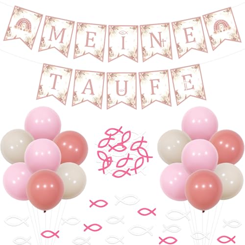 Funmemoir Taufe Deko Mädchen Rosa Meine Taufe Dekoration Meine Taufe Banner Blau und Weiß Fisch Streudeko Holz Luftballons für Baby Mädchen Kommunjon Konfirmation Taufe Deko von Funmemoir