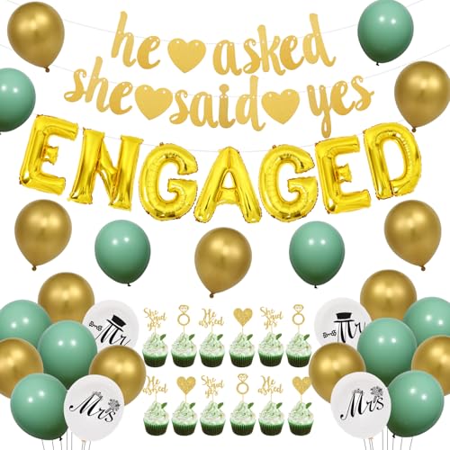 Funmemoir Verlobungsdekorationen, Salbeigrün He Asked She Said Yes Banner Diamantring herzförmige Cupcake-Topper Mr Mrs Luftballons Grün Gold Ballons für Verlobungsparty Hochzeit Brautdusche Dekor von Funmemoir