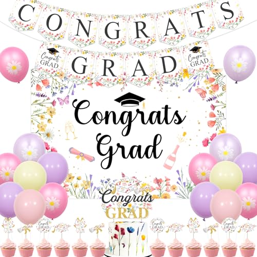 Funmemoir Wildflower Graduation Party Dekorationen 2025 - Congrats Grad Hintergrund, Banner, Cake Topper, Cupcake Topper, Luftballons für Floral Class of 2025 I'm Done Graduation Party Dekorationen von Funmemoir