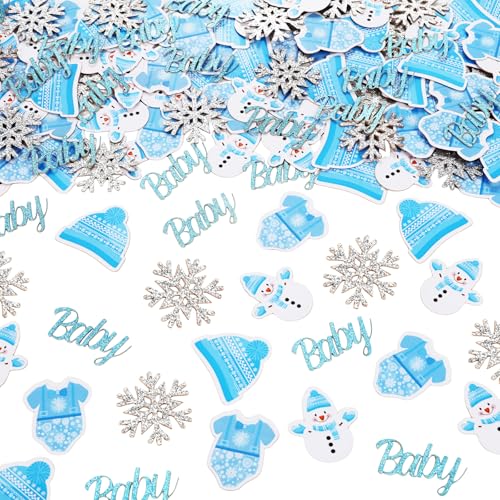 Funmemoir Winter-Babyparty-Dekorationen für Jungen, 200 Stück, Papier-Konfetti, blau, Baby, "It's Cold Outside A Little Snowflake is on the Way", Babyparty-Dekorationen für Weihnachten, von Funmemoir