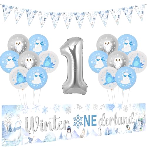 Funmemoir Winter Onederland 1st Birthday Decorations, Winter Onederland Yard Banner, Arctic Polar Animal Bunting Banner, 1 Foil Number Balloon, Arctic Animals Balloons for Winter First Birthday Decor von Funmemoir