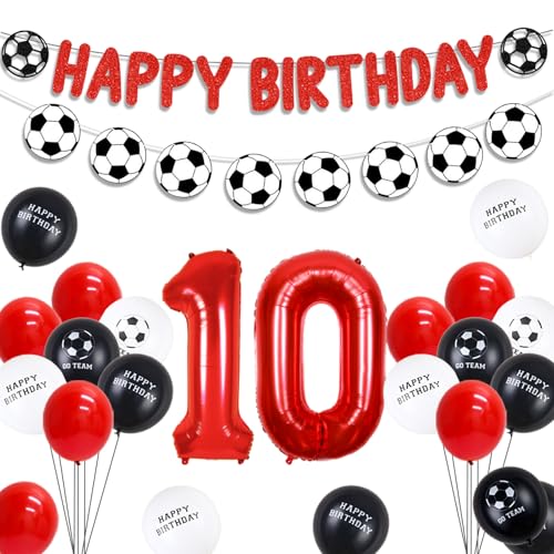 Fußball 10 Geburtstag Dekorationen Rot - Fußball Happy Birthday Banner, Fußball Girlande, 10 Folienzahlen Luftballons, Fußball Doppelseitiger Druck Luftballons, Fußball Fans Geburtstag Dekorationen von Funmemoir