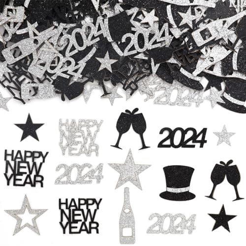 Happy New Year Konfetti - 2024 Happy New Year Party Dekorationen, 220pcs Silber und Schwarz Tisch Streukonfetti, Weinglas, Stern Konfetti Tischdekorationen, Silvester Party Supplies von Funmemoir