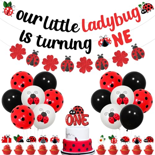 Ladybug 1. Geburtstag Dekorationen, Our Little Ladybug Is Turning One Banner Girlande Marienkäfer Kuchen Cupcake Toppers Ballons für Marienkäfer Thema 1 Jahr alt Geburtstag Party Supplies von Funmemoir