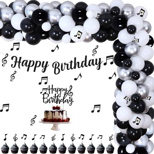 Musik Geburtstag Party Dekorationen Musik Disco Thema Party Supplies Schwarz Silber Weiß Luftballons Girlande Bogen Kit Musik Happy Birthday Banner Musiknote Kuchen Topper Folienballons von Funmemoir