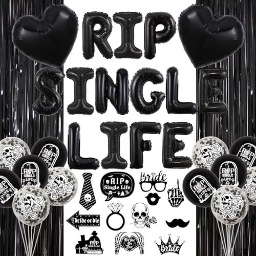 Rip Single Life Dekorationen, Gothic Hen Party Dekorationen - Gothic Photo Booth Props, Rip Single Life Ballons Banner, Schwarz Folienvorhang, Goth Grab Schädel Druck Ballons für Gothic Bachelorette von Funmemoir