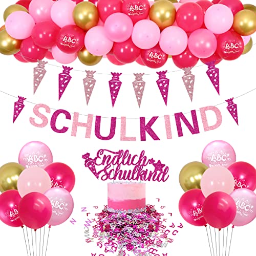 Schulkind Deko Mädchen, Einschulung Deko Rosa - Ballongirlande Kit Rosa Pink, Schulkind Banner, Schultüte Girlande, Buchstaben Konfetti, Endlich Schulkind Tortendeko, Schuleinführung Schulanfang Deko von Funmemoir