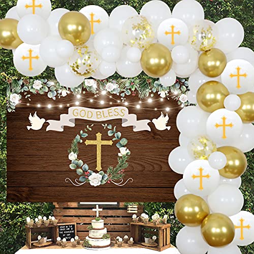 Taufe Party Dekorationen Weiß und Gold Erstkommunion Dekorationen für Jungen Mädchen Ballongirlande Kit mit rustikalem Holzhintergrund, Gott Segen Taufe Dekorationen für Party von Funmemoir