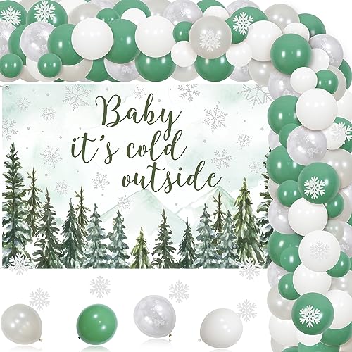 Winter Forest Baby Shower Baby Its Cold Outside Baby Shower Hintergrund Salbeigrün Schneeflocke Ballon Girlande Bogen Kit Schneeflocke Karten Winter Wald Babyparty Dekorationen von Funmemoir