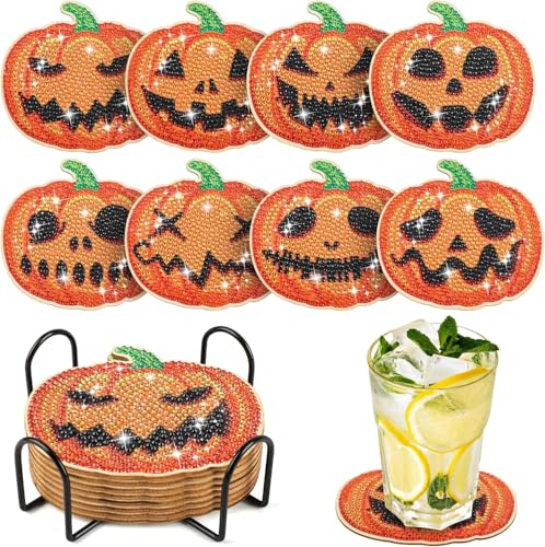 8 Stück DIY Halloween Kürbis Diamond Painting Untersetzer mit Halter,DIY Kürbis Untersetzer Diamant Malerei Set,Dekorative Hölzern Untersetzer mit Diamond Painting Kit für Erwachsene Kinder Anfänger von Funmo