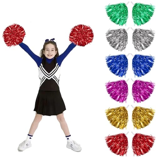 Cheerleader Pompons, 12 Stück Pompoms Cheerleading Metallfolie Mehrfarbig Sportkader Tanzpompons Handblumen mit Handle Sportspiel Pom Poms für Ballspiele Tänze Karnevalspartys Verwendet, 6 Farben von Funmo