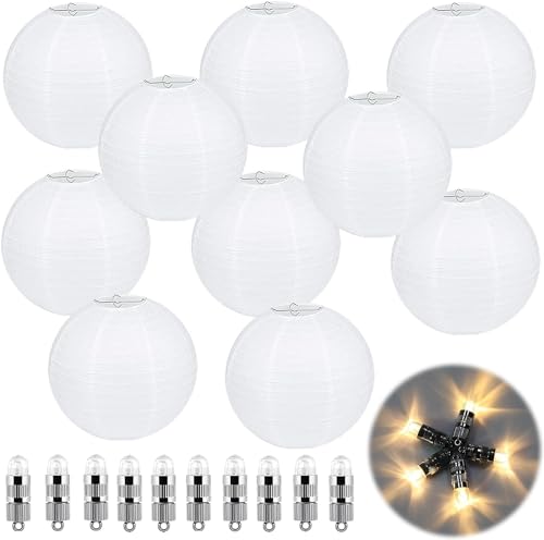 Funmo 10 Stück weiße Papier Laterne Lampions,rund Lampenschirm,Weiß Mini LED-Ballons Lichter,Papierlaterne Hochtzeit Dekoration für Party Garten und Hochzeit(20cm) von Funmo