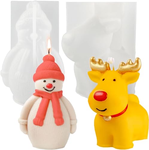 2 Stück 3D Weihnachten Kerzenform,Weihnachten Schneemann Kerzenform,Silikon 3D Elch Kerzengießform zum Gießen Silikon Handgefertigte Kerzenform Silikonform,Weihnachten Party Dekor von Funmo