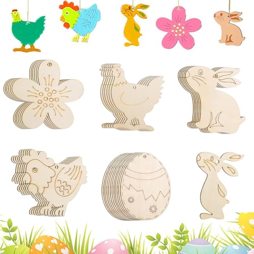 Funmo 36 Stück Ostern Holzanhänger Holzanhänger Ostern zum Bemalen Ostern Anhänger Holz mit Juteseil DIY Ostern Basteln Osterhase Ostereier Küken für Kinder Osterfeierzubehör DIY Dekor DT799 von Funmo