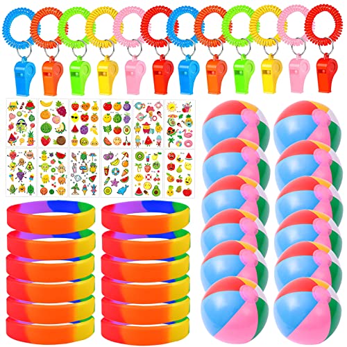 Funmo 48 Stück Strand Party Mitgebsel Kinder Geburtstag Party Favor Mitgebsel Mix Seifenblasen Sonnenbrille Trillerpfeife Beach Balls Pool Party Spielzeug Sommer Party Mitgebsel Party Give Aways von Funmo