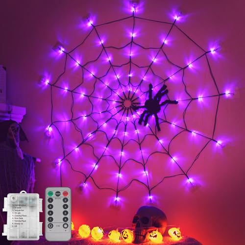 Funmo 70 LED Halloween Spinnennetz Lichter, 1.2M Halloween Deko Spinnennetz Led, Wasserdichte Dreieck Spinnen Lichterkette, Netzlichter Deko für Garten Indoor Outdoor von Funmo