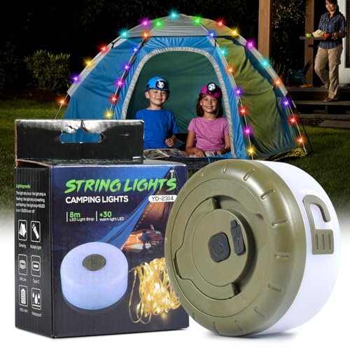 Funmo Camping Lichterkette Aufrollbar 8M Tragbare Wasserdichte Tragbare Verstaubare lichterkette Type C Wiederaufladbare für den außenbereich Camping, Garten und Wandern von Funmo