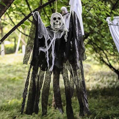 Funmo Halloween Hängender Geist, Halloween Deko Horror Skelett Geist, Gespenst Skull Dekofigur Türvorhang, Hängedekoration für Spukhaus Horrorhäuser Hof Draussen Skelett Hängedeko Tür Garten von Funmo