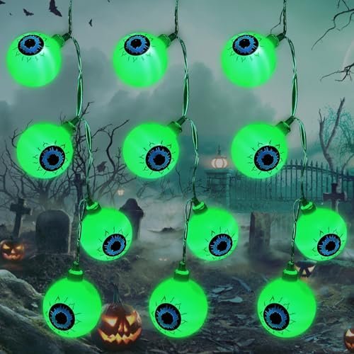 Funmo Halloween-Lichterkette, 20 LEDs, batteriebetrieben, Halloween, Lichterketten, Augapfel, Licht, Geisterlicht, wasserdicht, Grün von Funmo