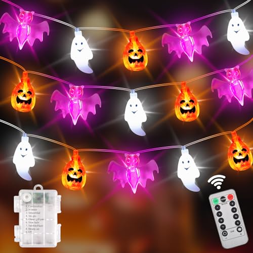 Funmo Halloween Lichterkette,LED Halloween Deko Lichterkette,Kürbis Fledermaus Geist Deko Licht Batteriebetriebene Lichterkette mit Timer, 8 Modes Lichterketten Halloween Innen Außen Party Deko von Funmo