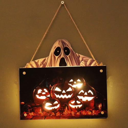 Funmo Halloween Türschild Kürbis Dekorationen, Beleuchtetes Kürbis Hölzernes Hängeschild Halloween zum Aufhänger Halloween Party Schilder Türschild Wand Deko Halloween Tür Anhänger Party Schilder von Funmo