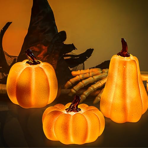 Funmo Halloween pumpkin Laterne Deko 3 Stück,Herbstdeko pumpkin Deko Figuren mit LED Lichter,pumpkin Laterne Farbwechselndes Licht für Tischdeko, Halloween Party, Garten Dekofigur von Funmo