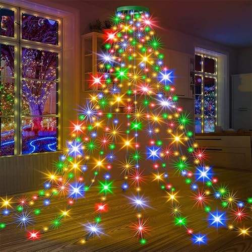 Funmo LED Lichterkette Weihnachtsbaum, Hristbaumbeleuchtung mit Ring, Weihnachtsbaum Lichter Wasserfall, Weihnachtsbaum Wasserfall, Weihnachtsbaum Lichterkette, für Weihnachtsdeko Außen Innen von Funmo