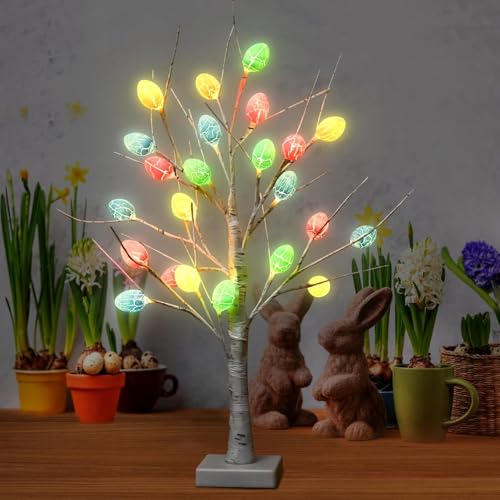 Funmo Osterdeko Osterbaum Licht, Ostereierbaum mit 24 Warmweiß LED Lichterbaum mit 12 Eier, Batteriebetrieben Künstlicher Baum Osterdekoration, für Ostern Festival Party Geburtstag Kinder Geschenke von Funmo