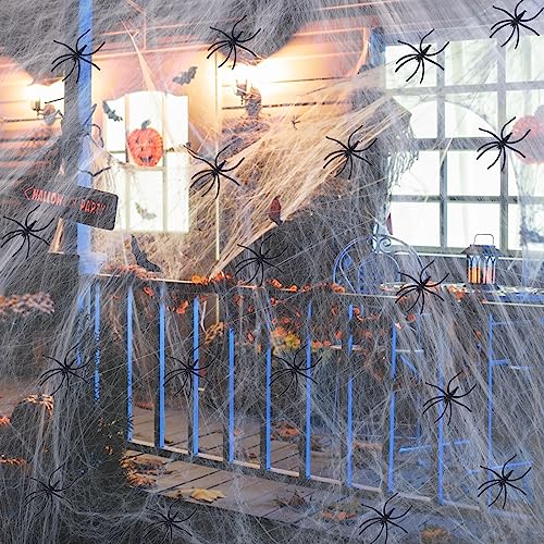 Halloween Deko,Halloween Spinnennetz Dekoration,400g Dehnbare Spinnennetz Halloween Dekoration mit 75 künstlichen Spinnen für Halloween Dekorationen,Spukhaus-Dekoration,Gruselszene, Partyzubehör von Funmo