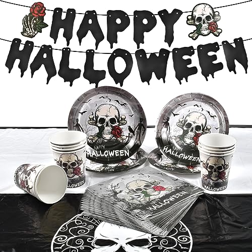 Halloween Geschirr Set, Halloween Partygeschirr Dekoration Deko, Tableware Banner Papier Partygeschirr Pappbecher für Halloween-Partys, Partyzubehör von Funmo