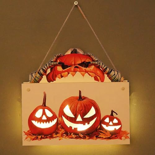 Halloween Türschild Kürbis Dekorationen Beleuchtetes Kürbis Hölzernes Hängeschild Halloween zum Aufhänger Halloween Party Schilder Türschild Wand Deko Halloween Tür Anhänger Party Schilder (B) (A) von Funmo