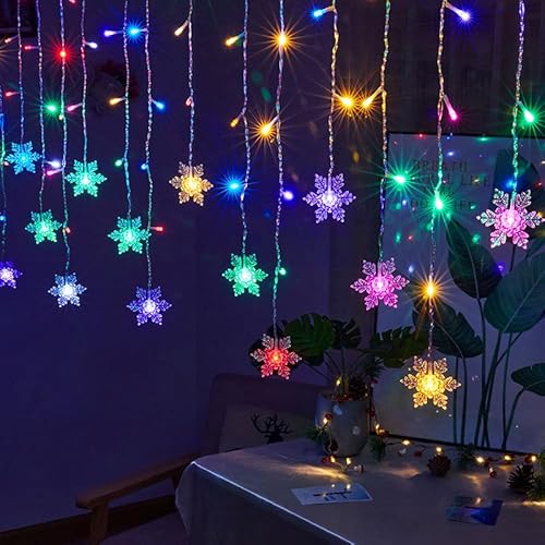 Schneeflocken Lichtervorhang, 4M 96LEDs Lichterkette Weihnachtsbaum Bunt 8Modi Lichterkettenvorhang USB Fenstervorhang Lichterkette, IP44 Lichterkette für Innen Außen, Weihnachten, Balkon, Fenster von Funmo