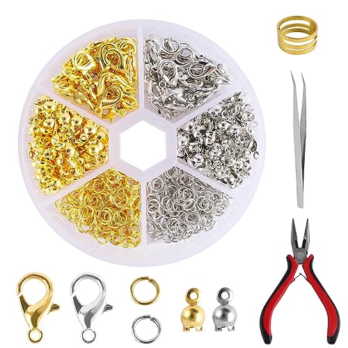 Verschlüsse Hummer Set, Karabinerverschluss Offnen Biegeringe und Hummerverschlüsse Kit, Schmuckherstellung, Schmuck-Set für Halskettenreparatur, mit Schmuckherstellungszubehör (Gold und Silber) von Funmo