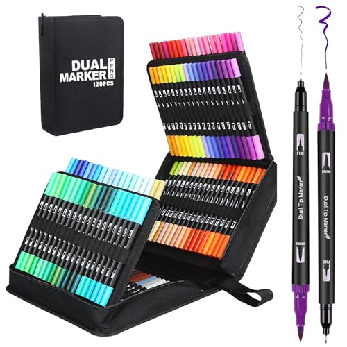 Dual Brush Pen Set, Filzstifte 120 Farben Pinselstifte Fineliner Marker Aquarell Farben für Bullet Journal, Malbücher, Handlettering, Manga Kalligraphie Stifte von Funnasting